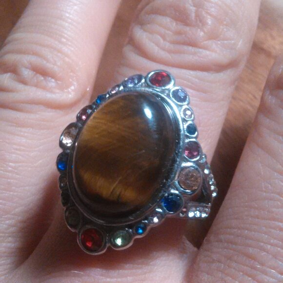 Tiger's Eye and Austrian Crystal Stainless Steel Ring (Size 9) - Picture 7 of 16